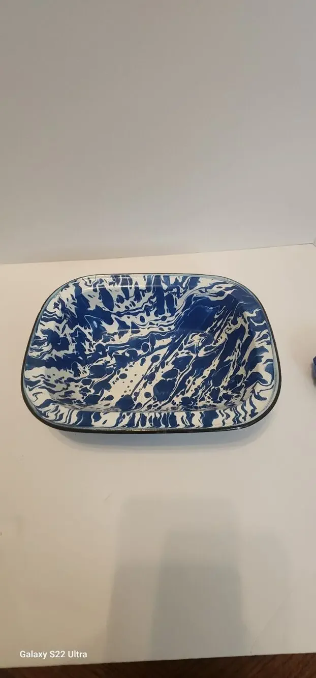 Antique Vintage Enamelware Swirl Blue Pan Bowl